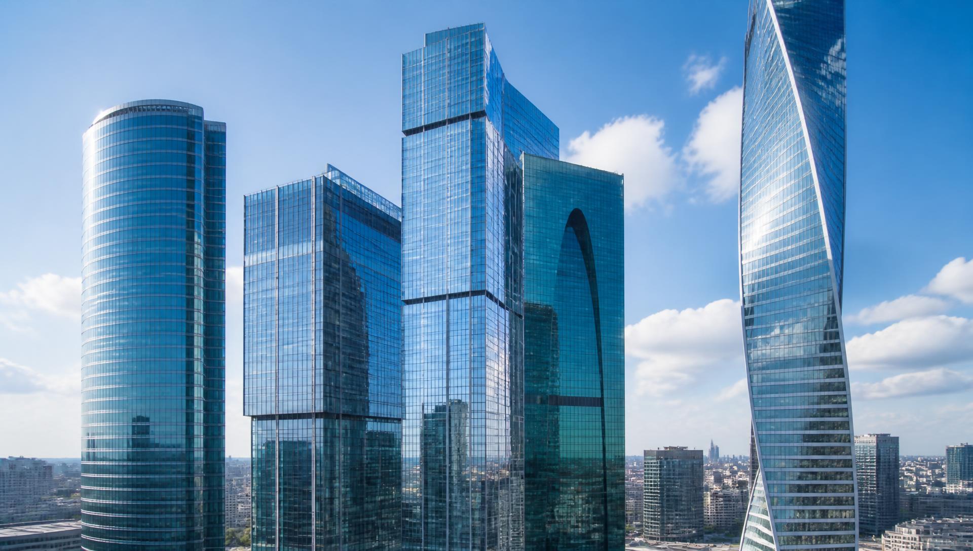 Bright glass towers of a modern financial district under clear daylight
