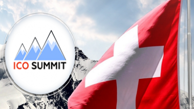ico summit logo with swiss flag with mountain background